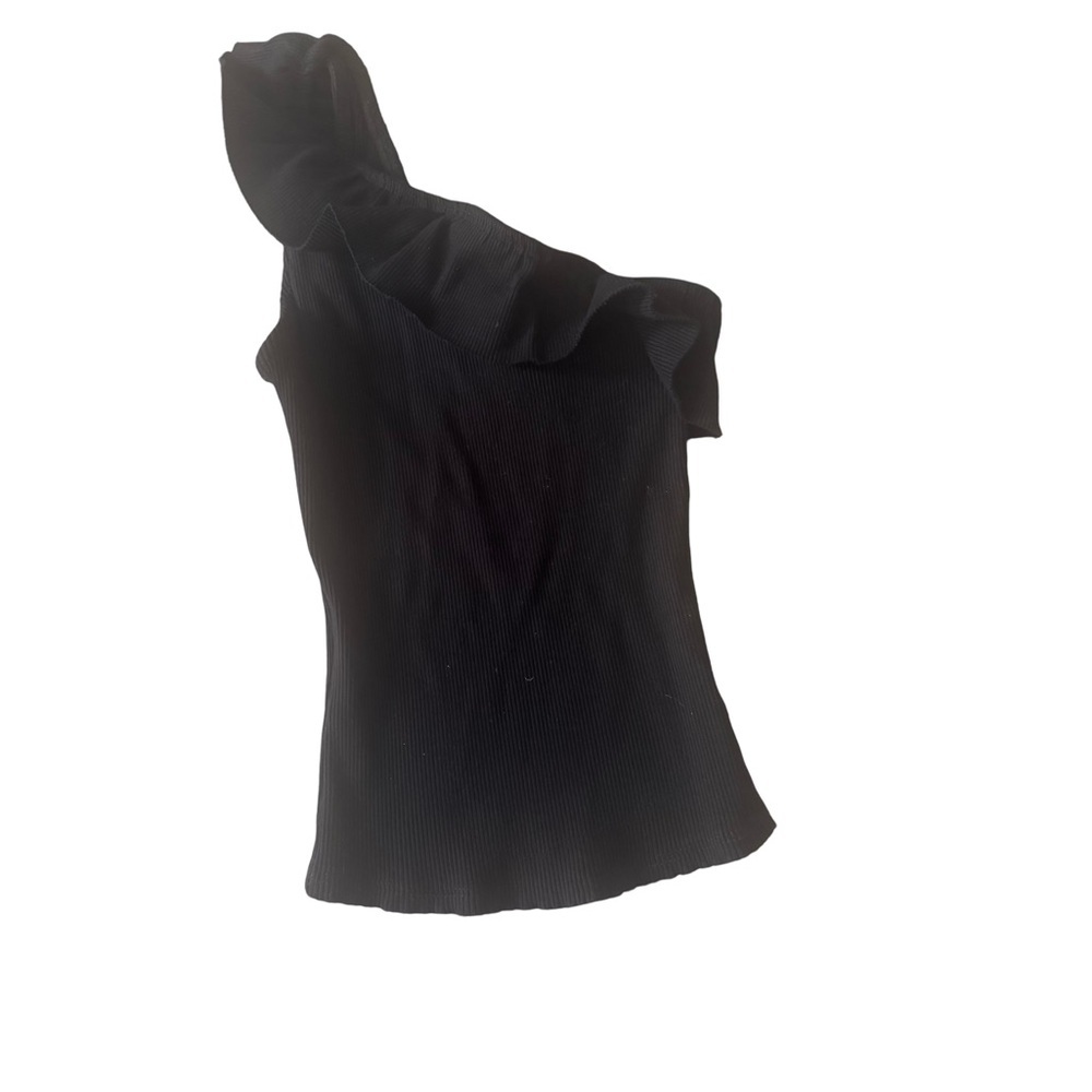 Elegant Black Ribbed One-Shoulder Top. Ruffle detail. Material is very stretchy
